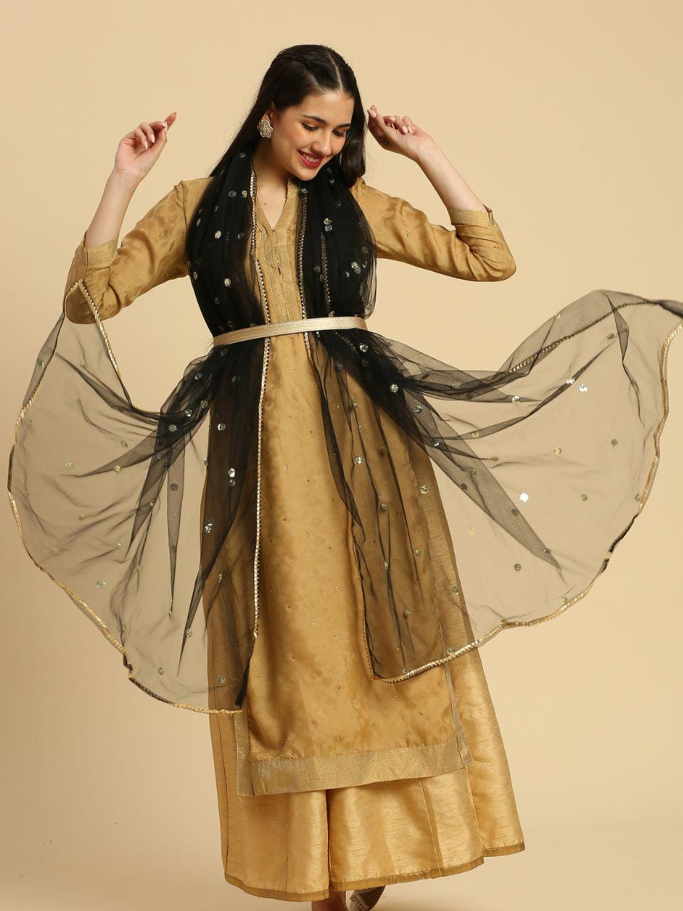 Net fabric Dupatta Stole with Gotta Patti Work delicate edge and sequin buttas work lightweight