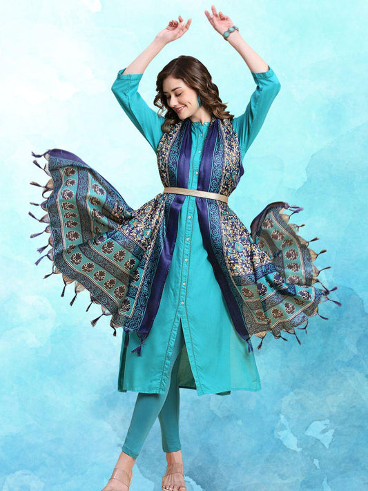 Floral Printed Art Silk Dupatta Blue
