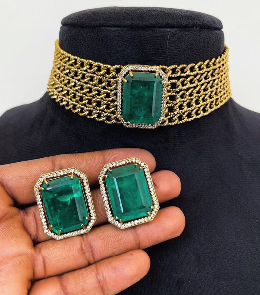Premium choker necklace set with golden chain, green doublet stone and diamonds inspired by Bollywood celebrity modern minimal