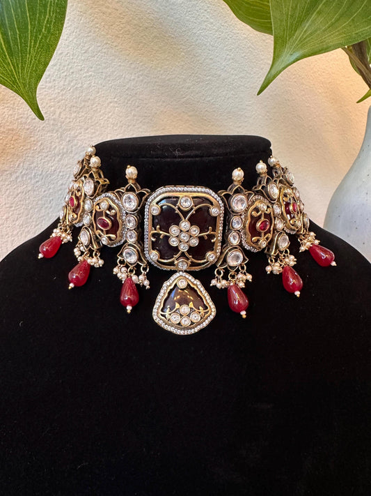 Red doublet stones choker necklace set with Mossanite, inlay work and pearls work, adjustable gold polished