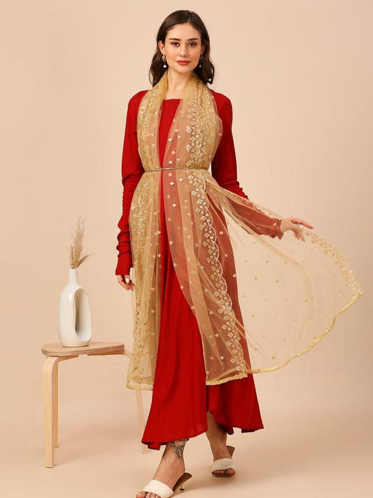 Jaal Embroidered Gold Net Dupatta golden trendy delicate shawl stole