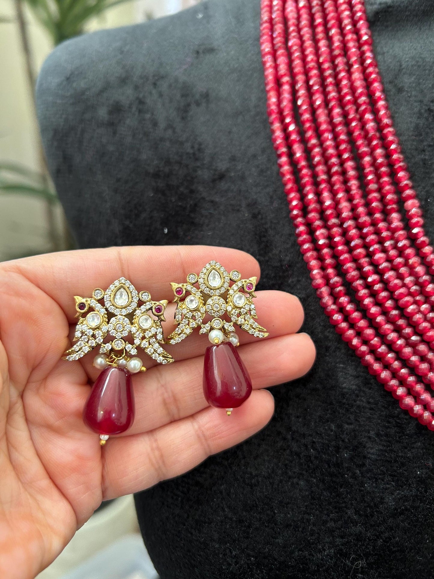 Premium long layered necklace set with Ruby beads and American diamonds, adjustable gold polished