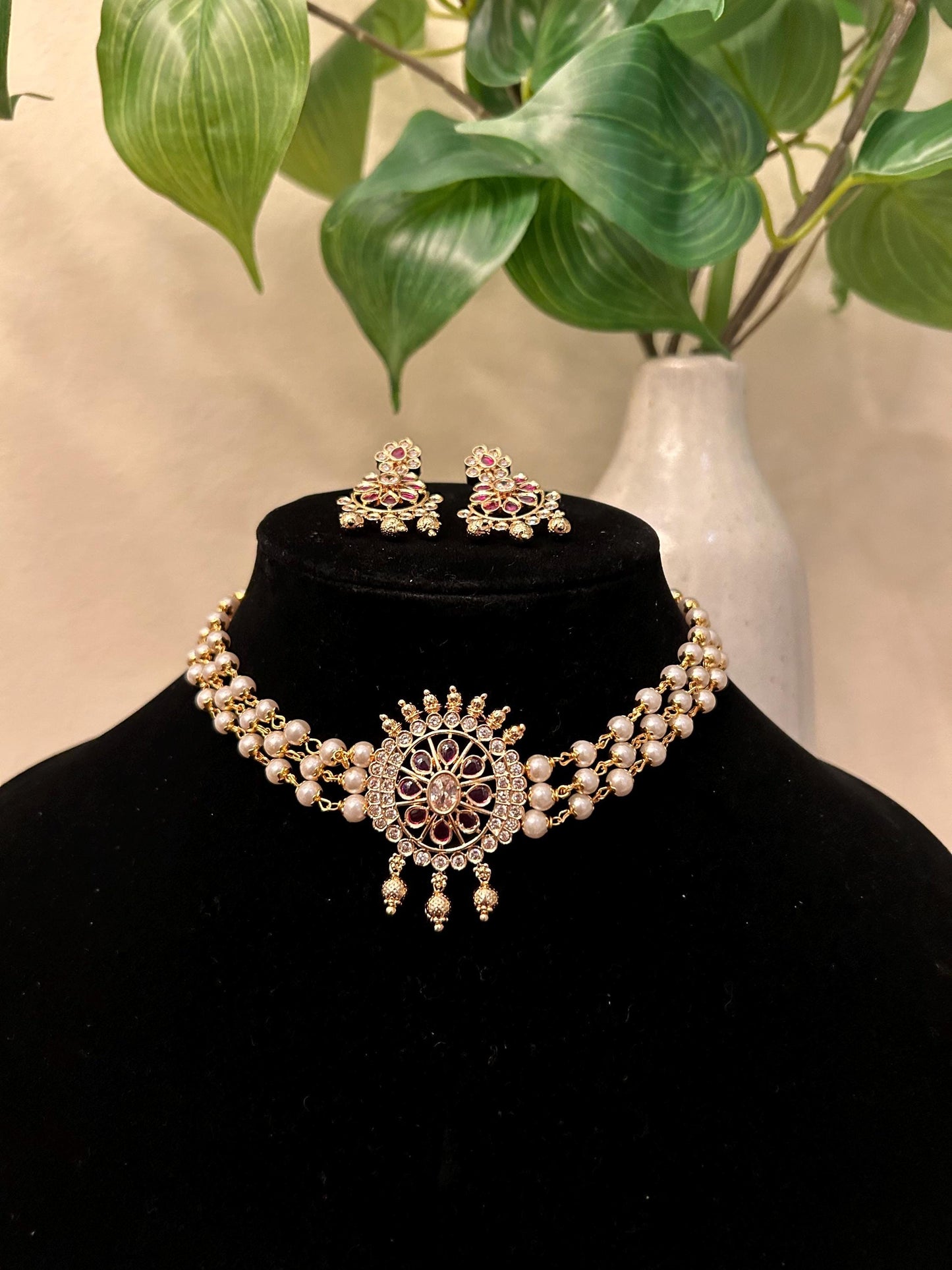 Premium choker necklace set adjustable gold polished with pearls and ruby