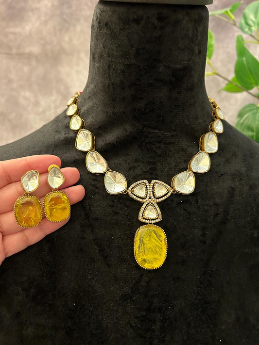 Doublet stone yellow necklace set with Mossanite, polki American diamonds adjustable gold polished
