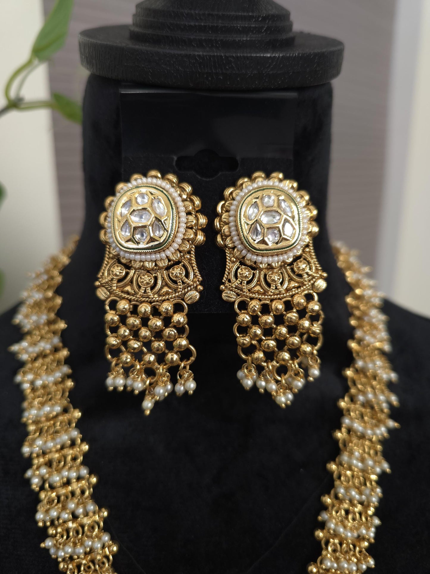 Rajwadi polki necklace set long, adjustable gold polished chunky statement