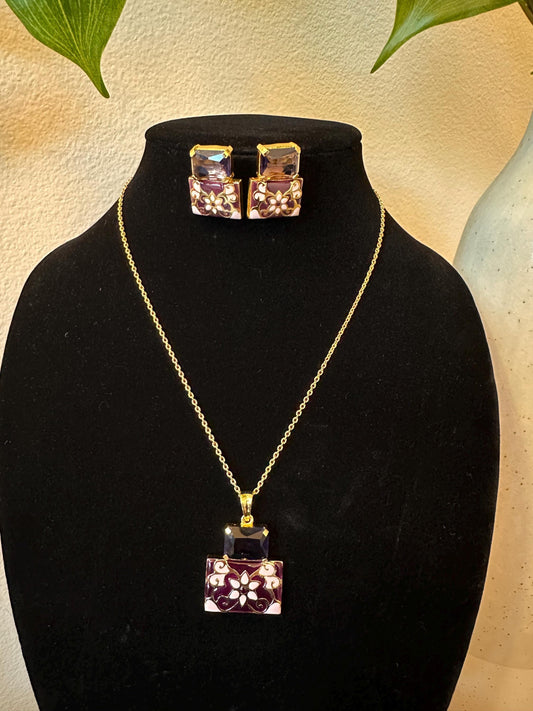 Purple stone zirconia diamond with meena work chain pendant necklace set. Golden polished.