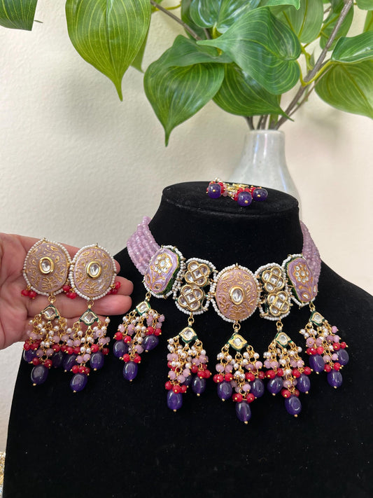 Premium choker necklace set with maang tikka, adjustable gold polished