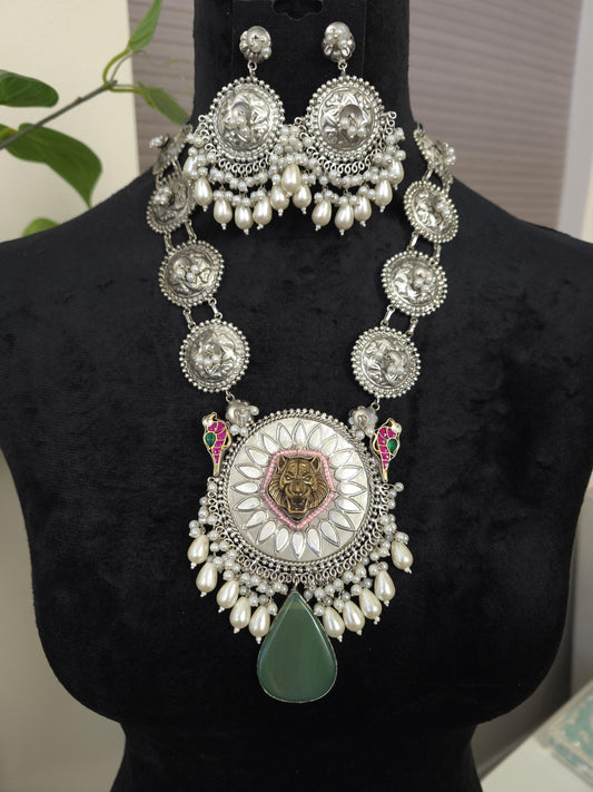 German silver necklace set with doublet stones, polki and pearls sabyasachi inspired