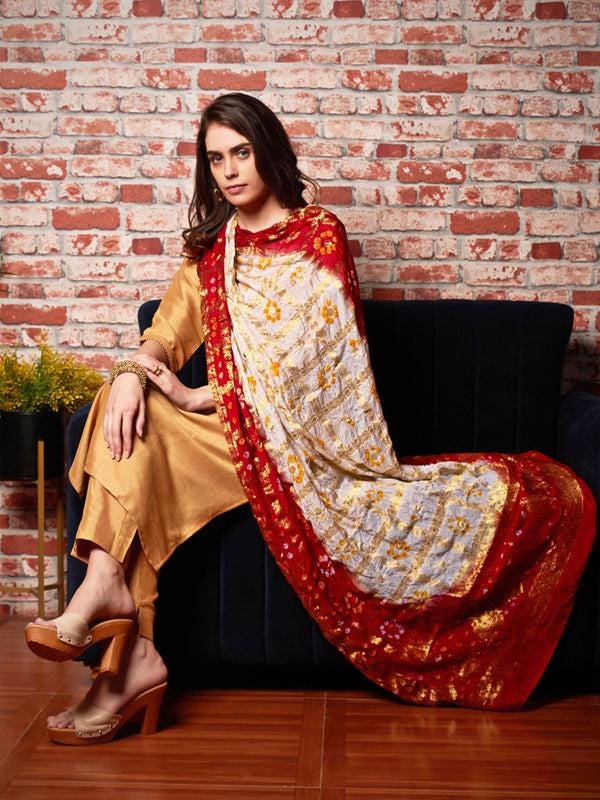 Red & White Banarasi Bandhej Gharchola Silk Dupatta