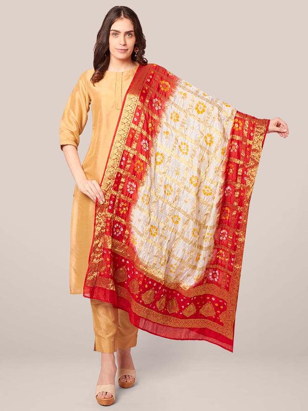 Red & White Banarasi Bandhej Gharchola Silk Dupatta