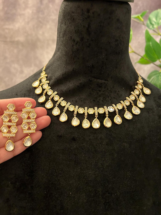 Real look a like Mossanite, polki American diamonds adjustable gold polished delicate necklace set