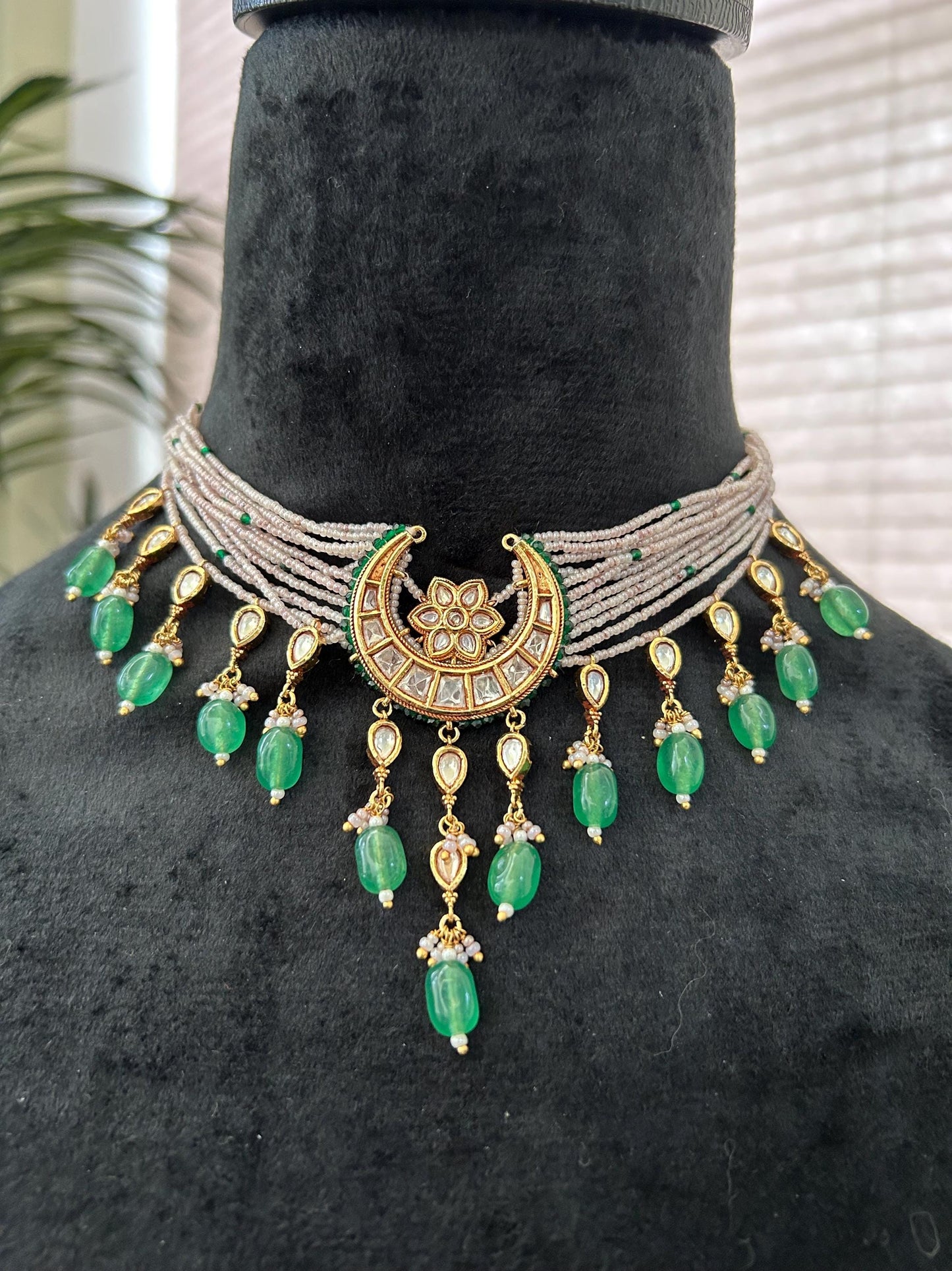 Premium necklace choker set gold polished with polki and pearls adjustable delicate trendy
