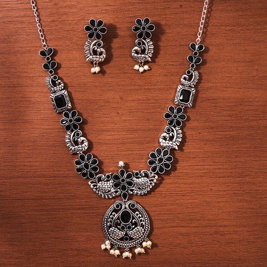 Oxidized necklace set silver with black stones
