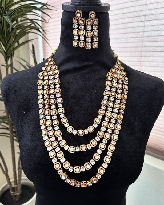 Premium long layered necklace set with Mossanite and American diamonds, adjustable gold polished