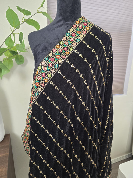 Multicolored Embroidery Work on black Velvet Dupatta trendy shawl stole