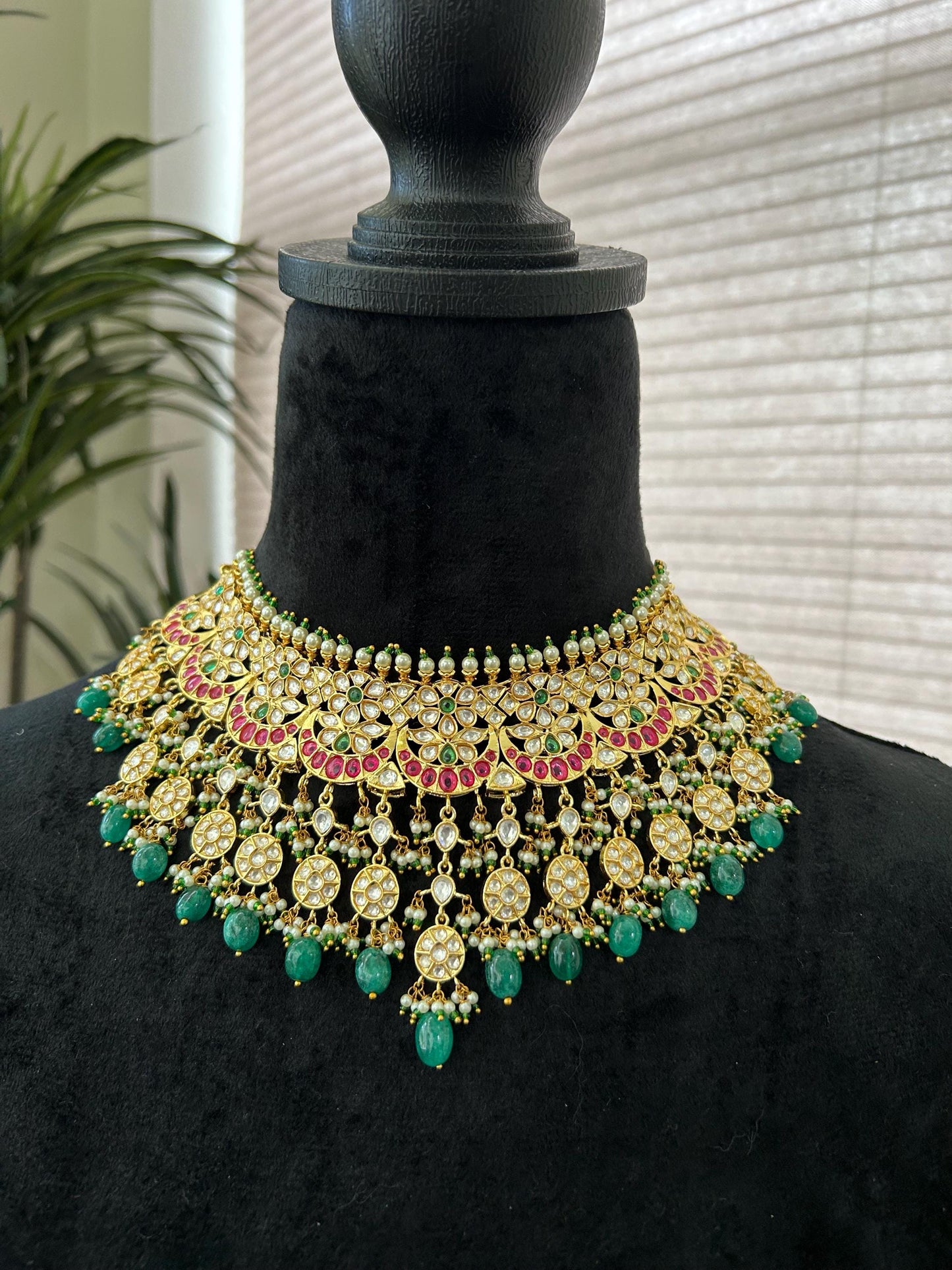 Premium necklace set with polki and American diamonds, adjustable gold polished chand sitare sabyasachi inspired