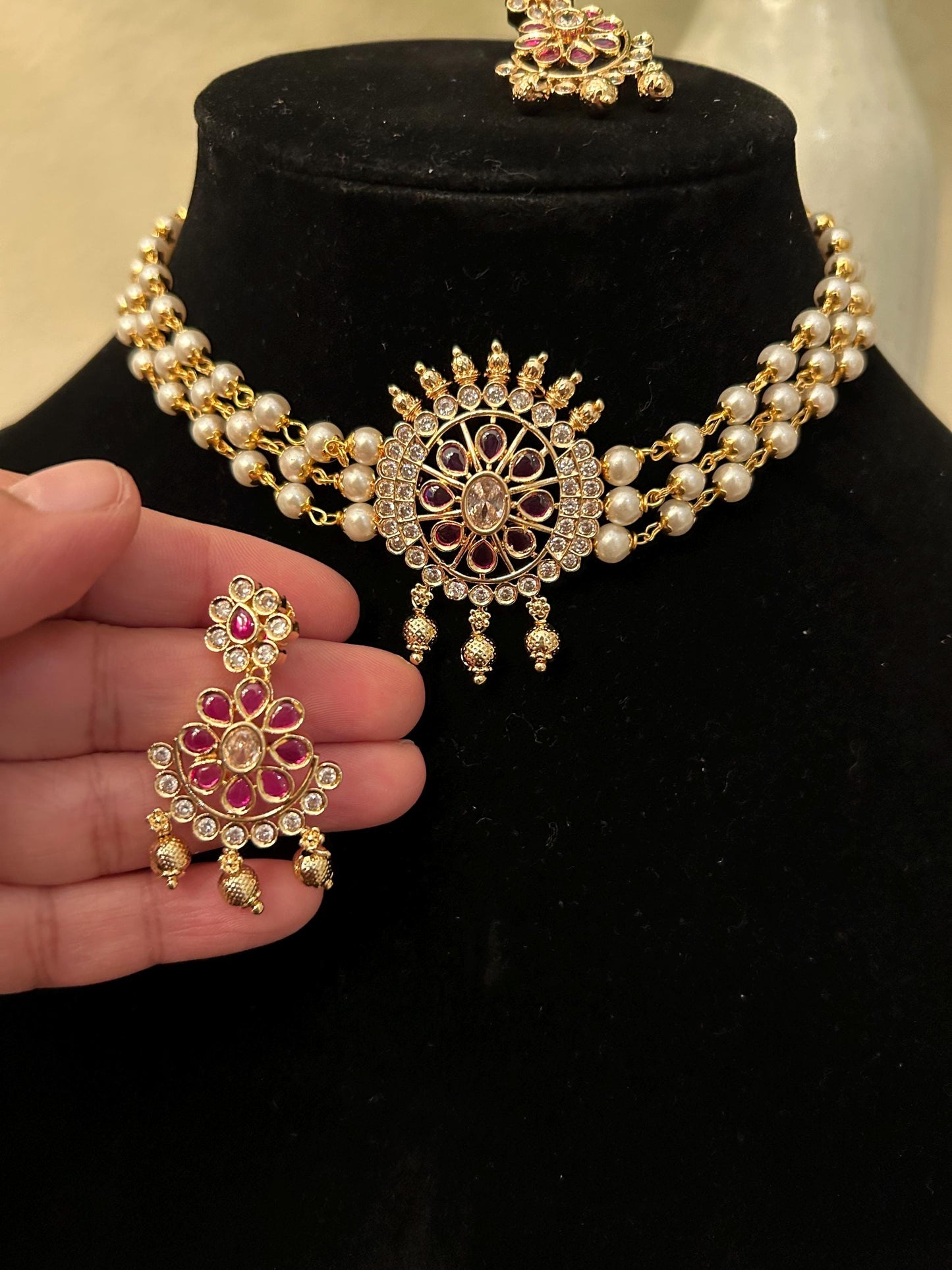 Premium choker necklace set adjustable gold polished with pearls and ruby