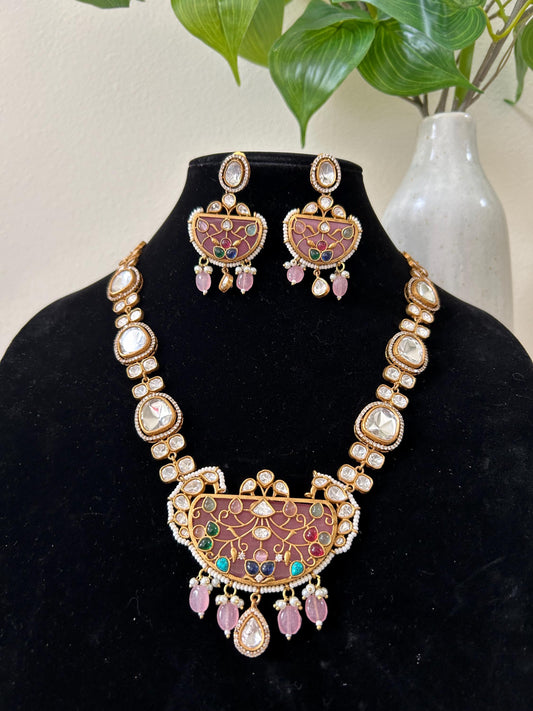 Doublet stone pink with inlay work necklace set with Mossanite, polki American diamonds adjustable gold polished