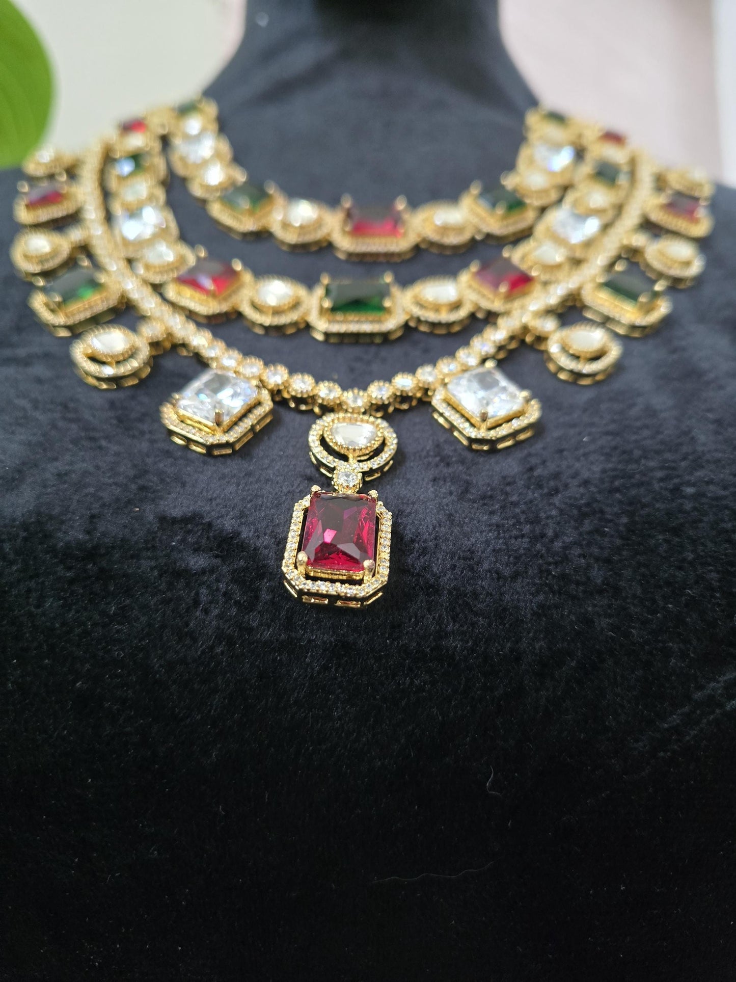Premium necklace set layered American diamonds, adjustable gold polished Bollywood style