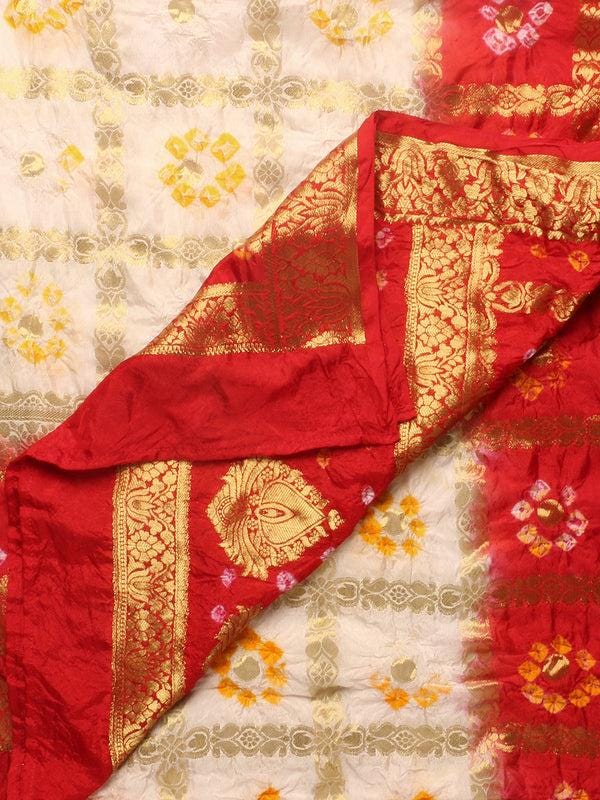Red & White Banarasi Bandhej Gharchola Silk Dupatta