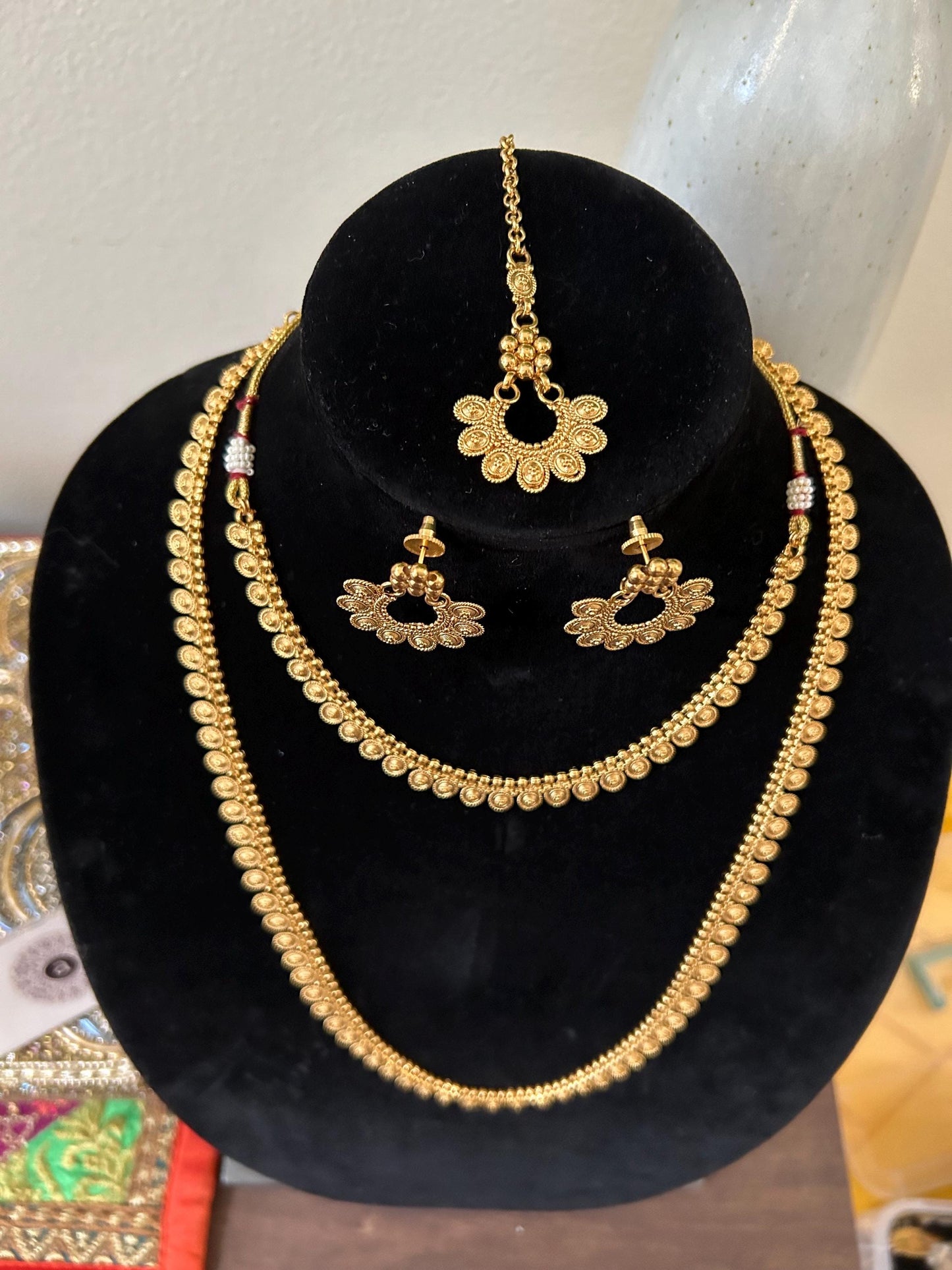 Premium long necklace set combo pack small necklace long necklace earrings and maang tikka, gold lookalike, adjustable gold polished