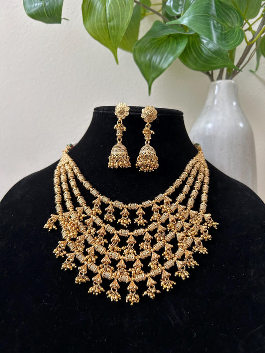 Gold layered necklace set adjustable chain style with jhumkas