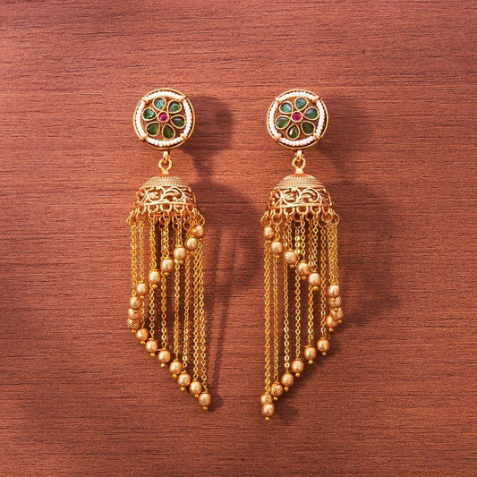 Antique finish Gold jadau jhumka earrings with pearl and chains gold polished trendy