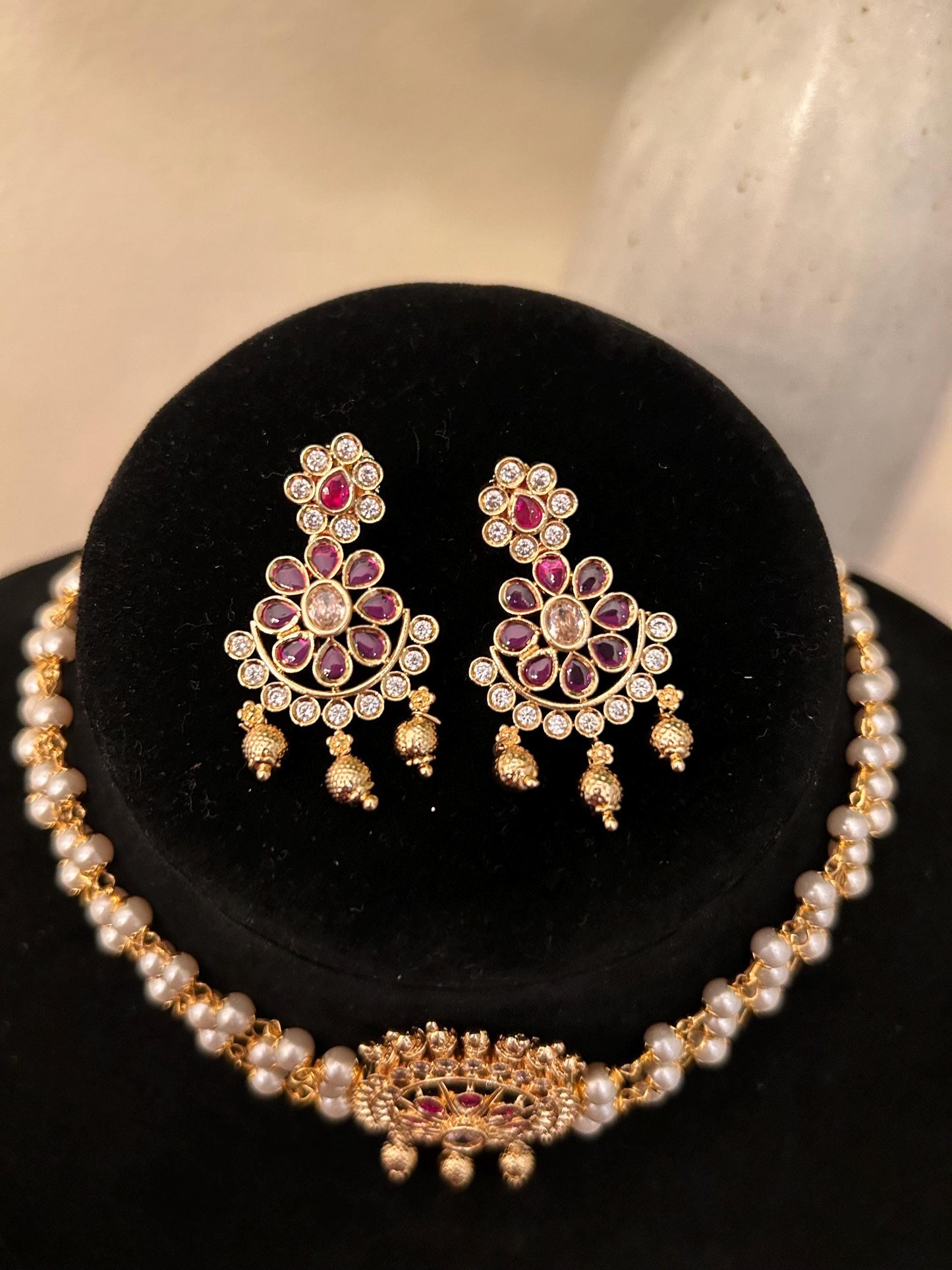 Premium choker necklace set adjustable gold polished with pearls and ruby