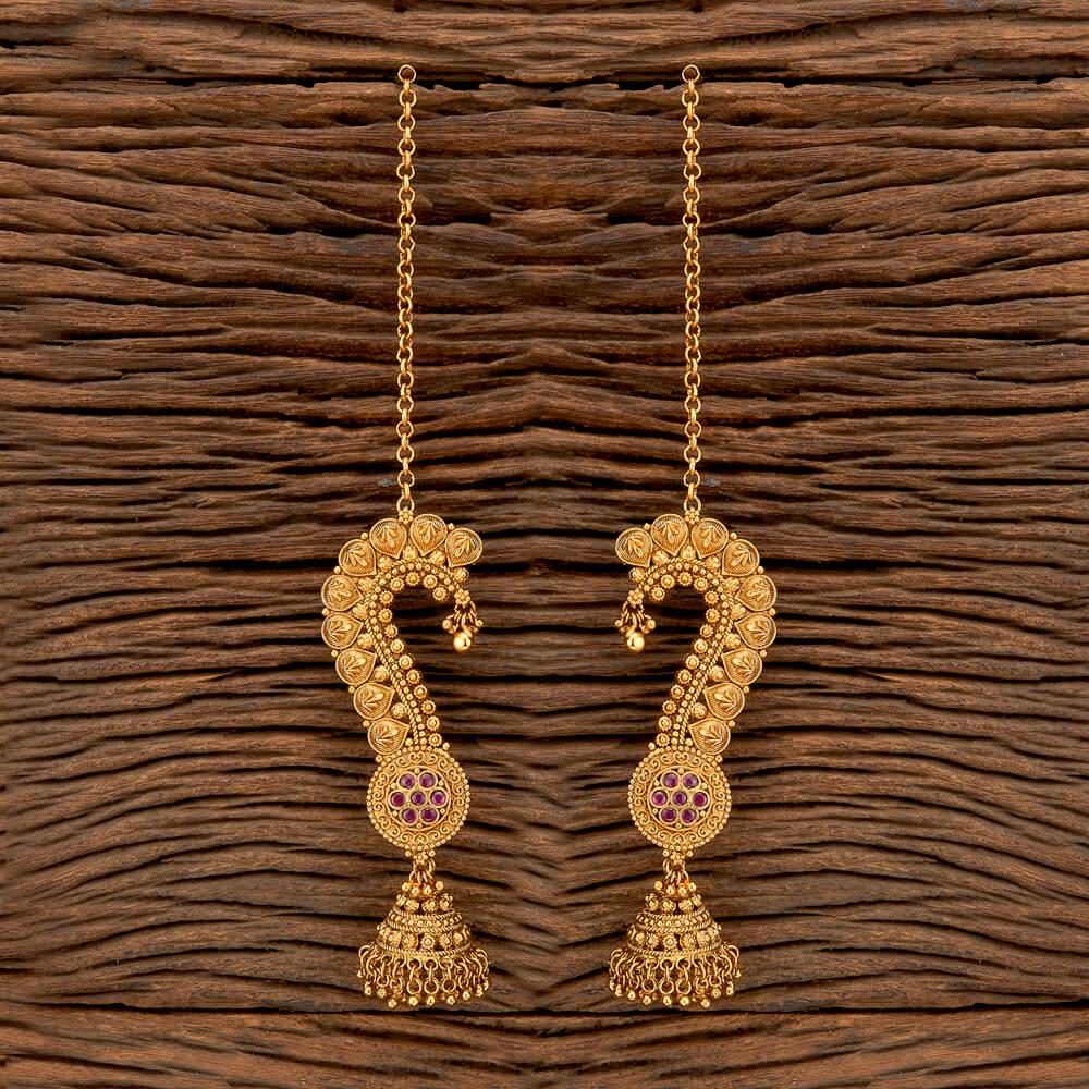 Antique Jhumkas with Ear chain gold polished, kaan chain earrings trendy light weight