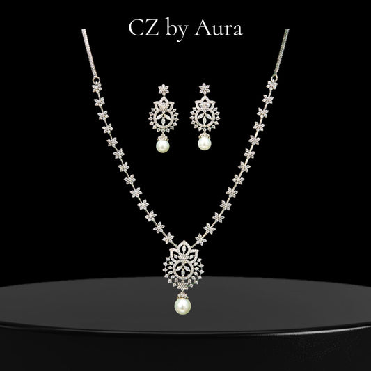 CZ by Aura American Diamonds short necklace set white stones silver polished
