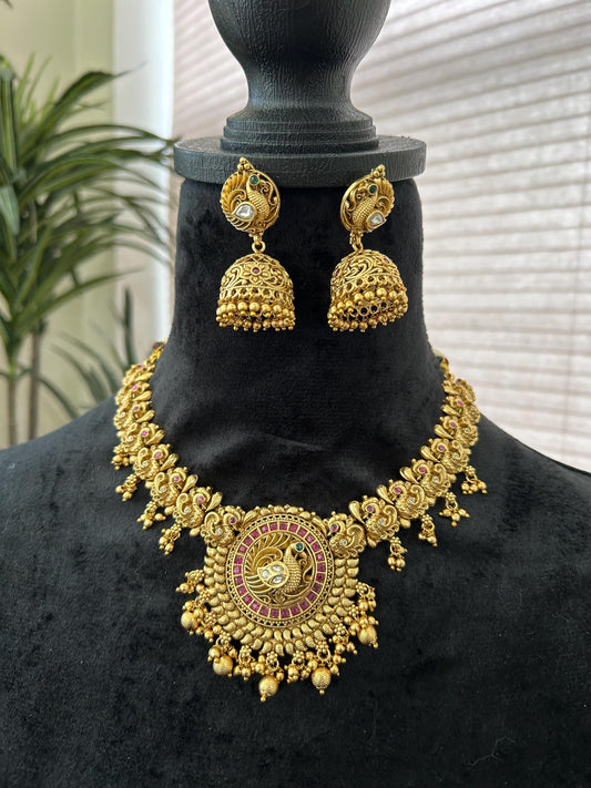 Premium necklace set kemp stone work, adjustable gold polished