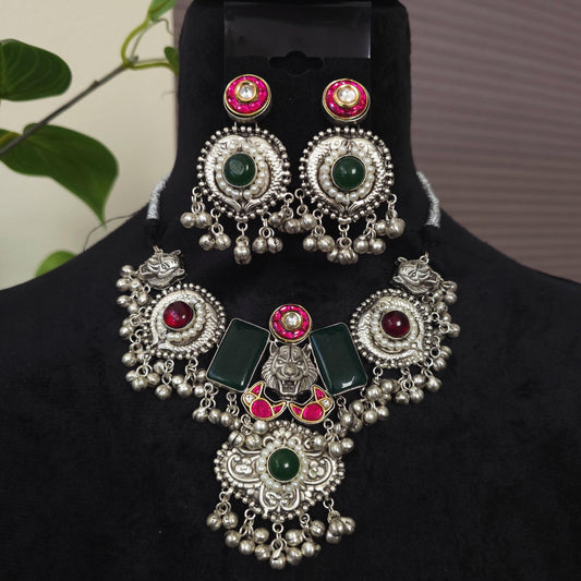 German silver necklace set with doublet stones, polki and pearls sabyasachi inspired