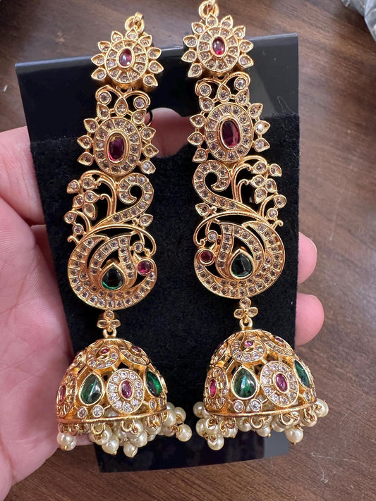Antique finish american diamonds and jadau Jhumkas with Ear chain gold polished, kaan chain earrings trendy light weight