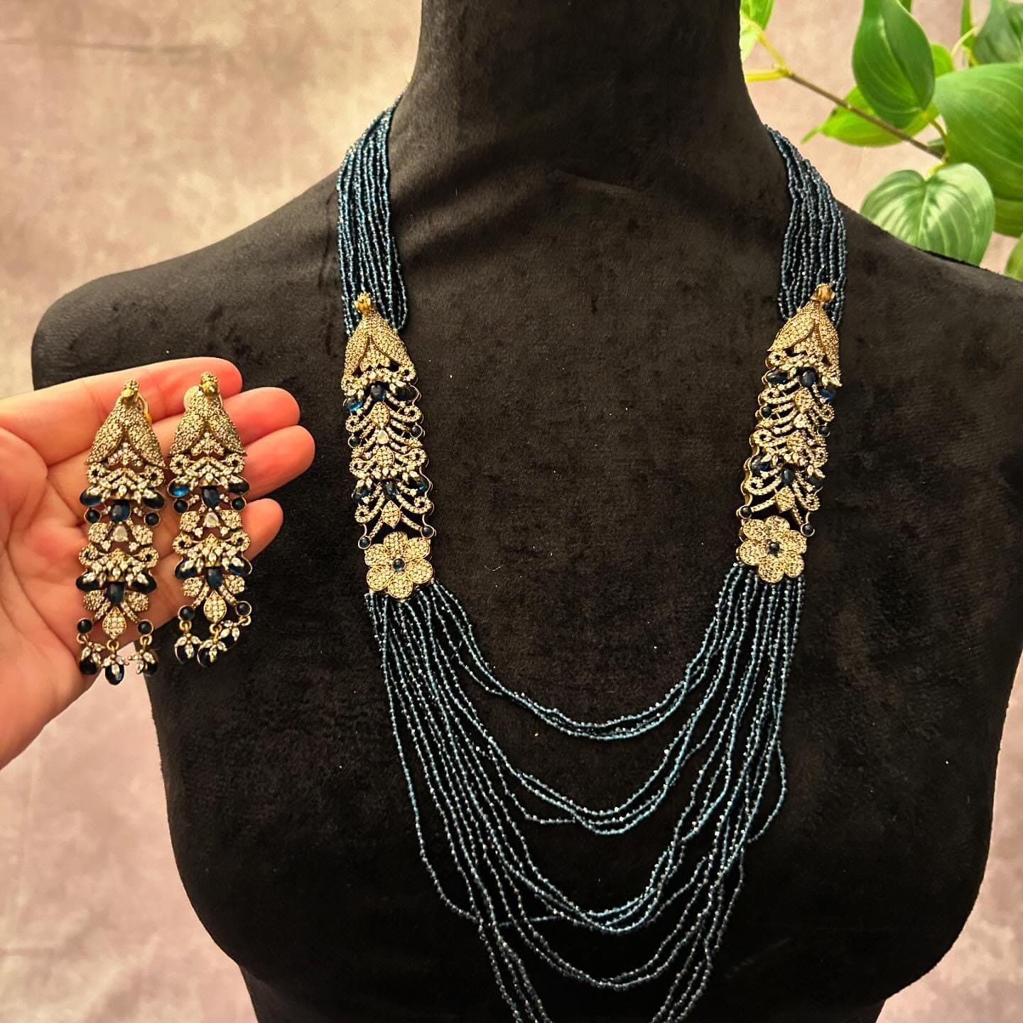 Premium sabya inspired long Victorian necklace set emeralds, pink and blue
