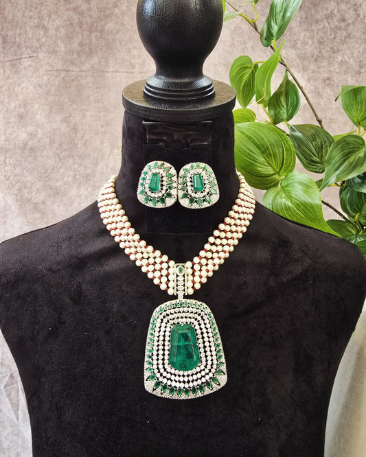 Premium necklace set with doublet stone zirconia diamonds and pearls inspired by Bollywood celebrity