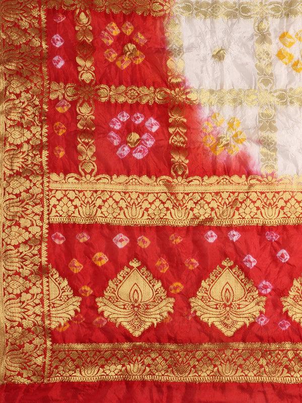 Red & White Banarasi Bandhej Gharchola Silk Dupatta
