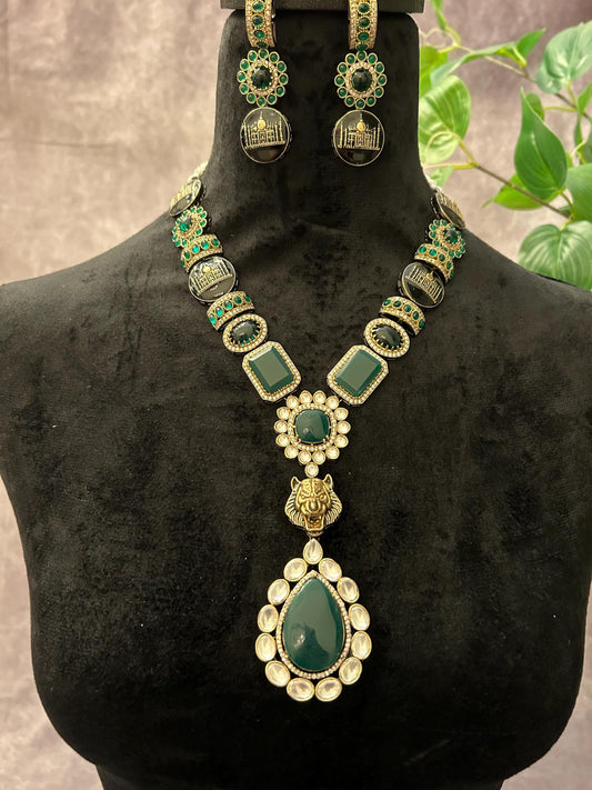 Sabyasachi inspired long necklace set emerald stones gold polished