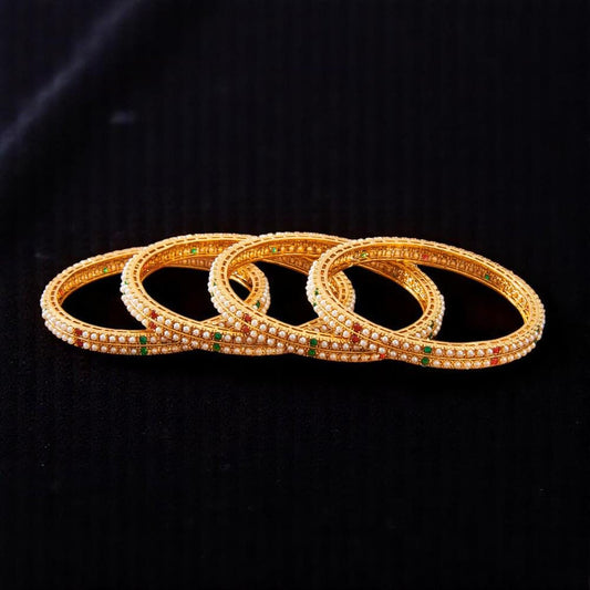 Pearl bangles with ruby and emerald stone work gold polished set of 4