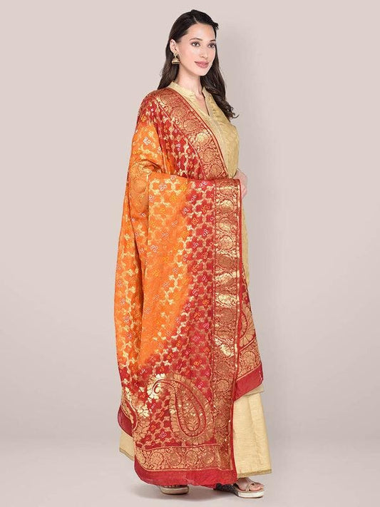Red & Orange Banarasi Bandhej Gharchola Silk Dupatta