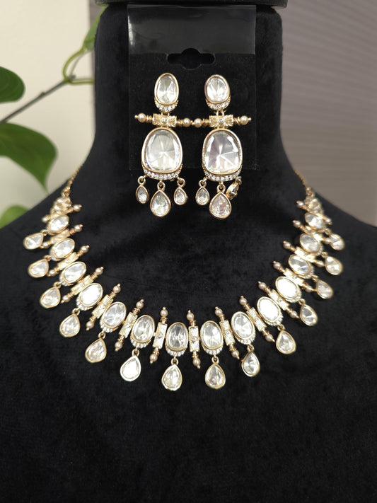 Mossanite Polki necklace set, American diamonds, adjustable gold polished