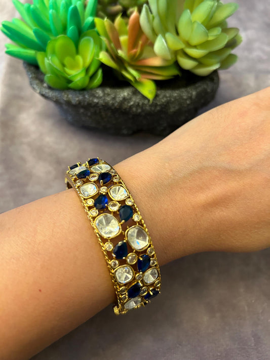 Polki and American diamonds kada bracelet gold polished navy blue