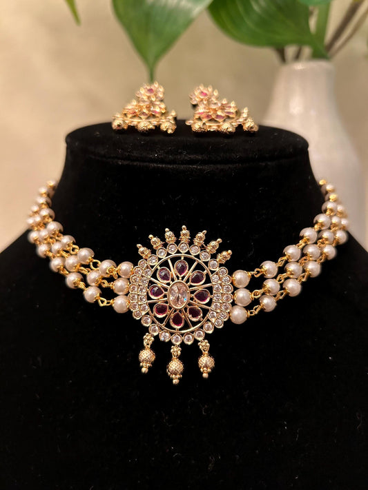Premium choker necklace set adjustable gold polished with pearls and ruby