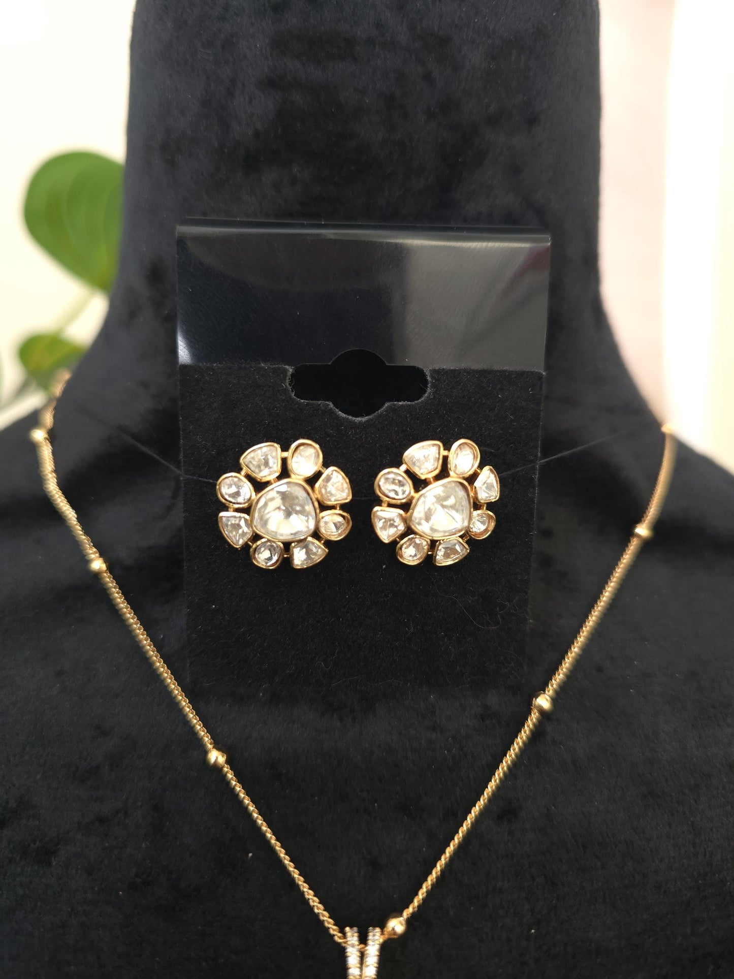 Mossanite, polki, American diamonds chain pendant necklace set adjustable gold polished