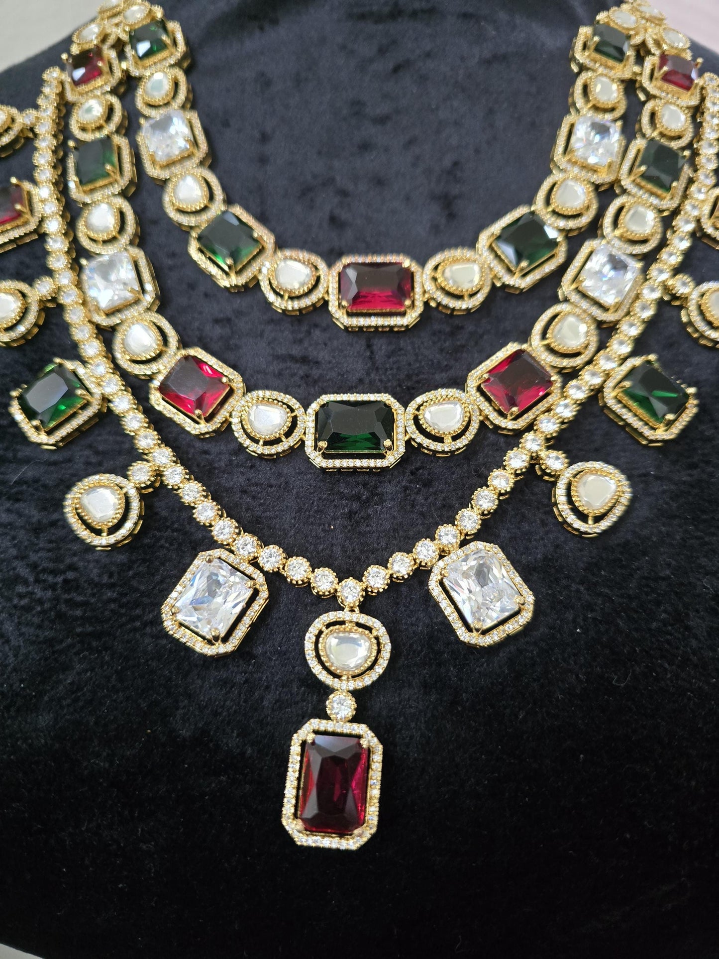 Premium necklace set layered American diamonds, adjustable gold polished Bollywood style
