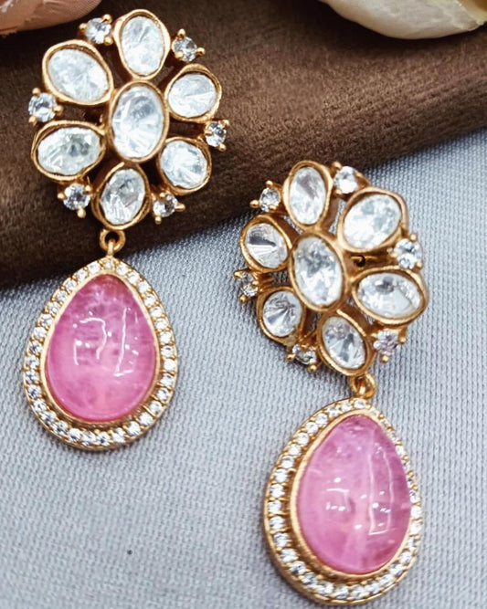 Polki and semiprecious stone earrings with American diamonds