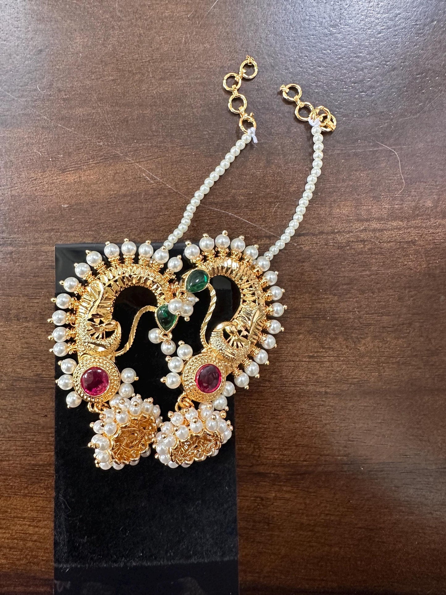 Gold ear cuff jhumka earrings with american diamonds peacock design with pearl ear chain gold polished, kaan chain earrings trendy