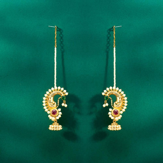 Gold ear cuff jhumka earrings with american diamonds peacock design with pearl ear chain gold polished, kaan chain earrings trendy