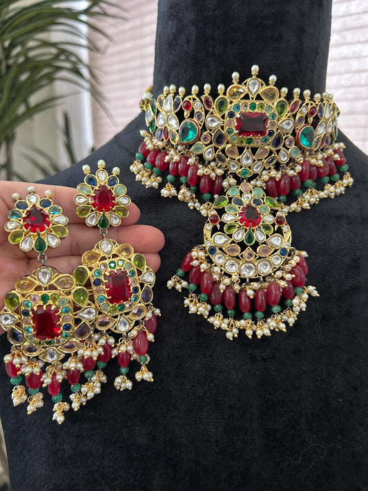 Premium necklace set with polki and American diamonds, adjustable gold polished sabyasachi design