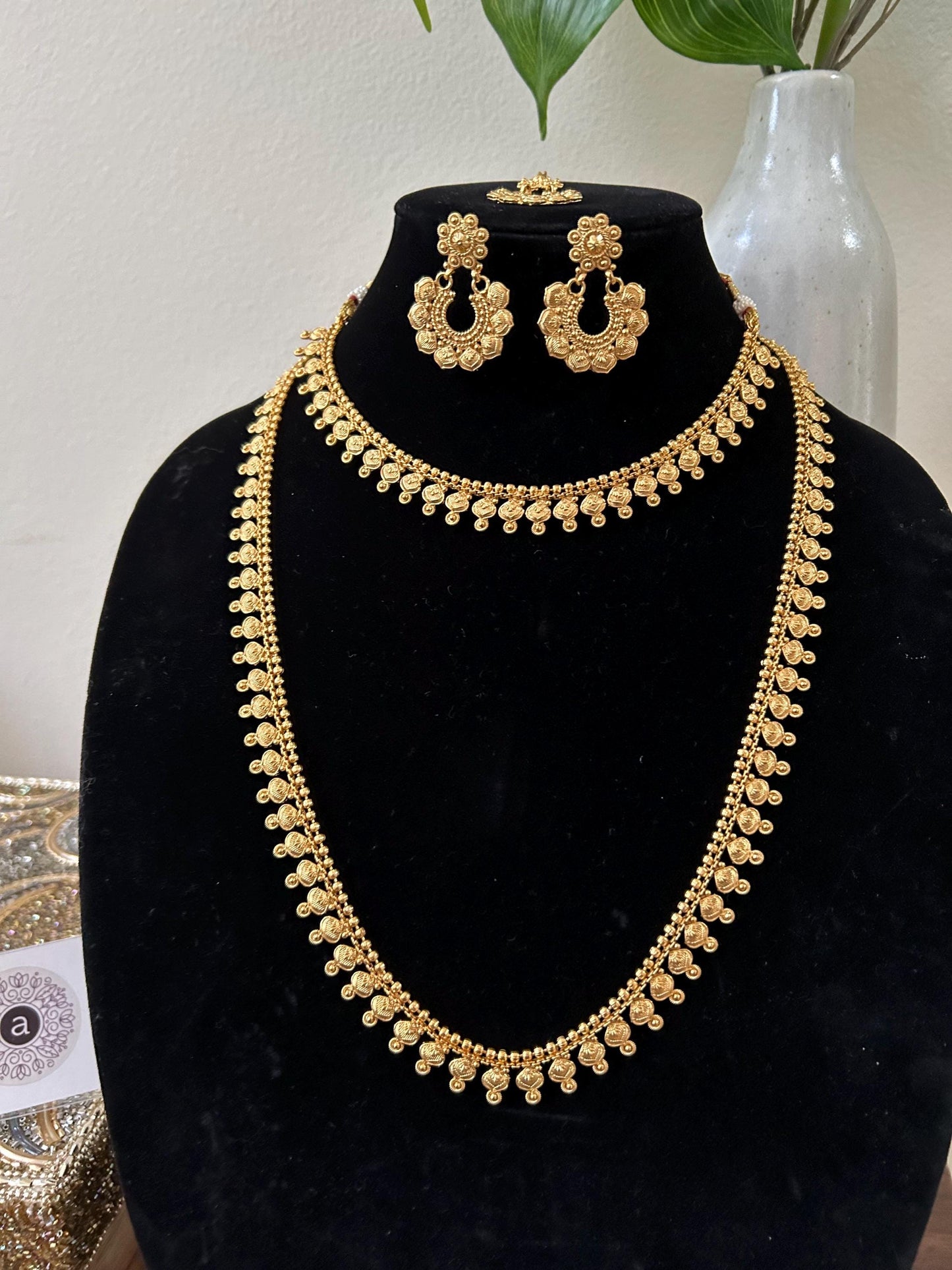 Premium long necklace set combo pack small necklace long necklace earrings and maang tikka, gold lookalike, adjustable gold polished