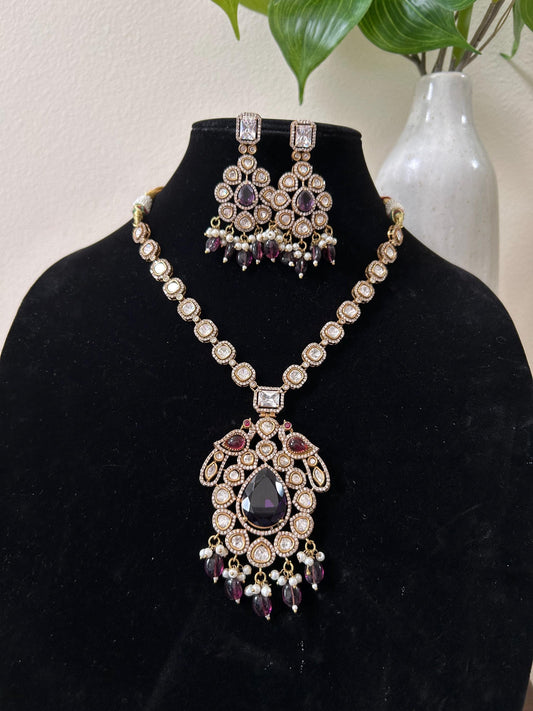 Purple stone long necklace set with Mossanite polki American diamonds, adjustable gold polished